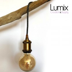 Round wire pendant lamp in anthracite natural linen and vintage golden socket with ring for lampshade
