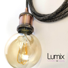 Lampe baladeuse fil rond en lin naturel anthracite et douille vintage cuivre avec bague pour abat-jour