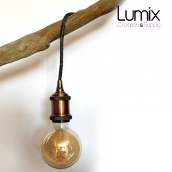 Round wire lamp in anthracite natural linen and vintage copper socket with ring for lampshade