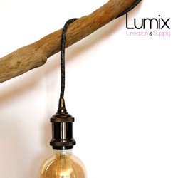 Lampe baladeuse fil rond en lin naturel anthracite et douille vintage perle noire avec bague pour abat-jour