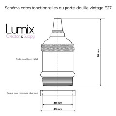 Lampe baladeuse fil rond en lin naturel anthracite et douille vintage perle noire avec bague pour abat-jour
