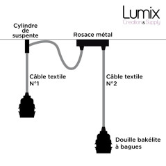 Suspension DUO câble textile et douille vintage bakélite à bagues