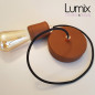 Suspension 1 lampe rosace et porte-douille bois et cuir Suspension 1 lampe rosace et porte-douille bois et cuir