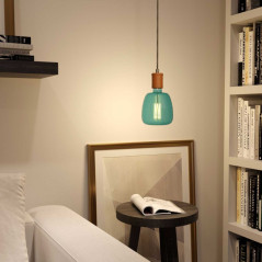 Suspension 1 lampe rosace et porte douille bois et cuir