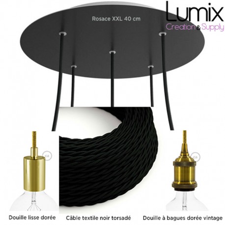 COMMANDE PRIVÉE - 1 Pendant light rosace XXL 4 lampes porte-douille lisse et à bagues dorées