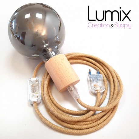Lampe baladeuse câble lin et douille vintage perle noire avec bague pour abat-jour