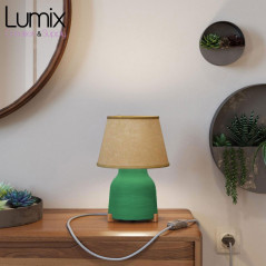 Lampe à poser COPPA VERT FEUILLE forme vase en céramique avec abat-jour tissu Impero