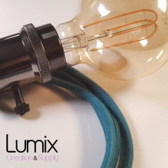 Lampe à suspendre douille vintage métal Perle noire de Tahiti avec interrupteur rotatif intégré et câble bleu lagon