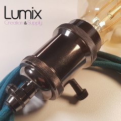 Lampe à suspendre douille vintage métal Perle noire de Tahiti avec interrupteur rotatif intégré et câble bleu lagon