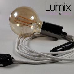 Lampe à suspendre type baladeuse porte-douille métal lisse Perle noire - Câble textile blanc