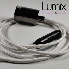 Lampe à suspendre type baladeuse porte-douille métal lisse Perle noire - Câble textile blanc