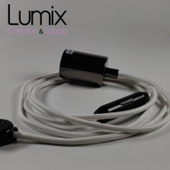Lampe à suspendre type baladeuse porte-douille métal lisse Perle noire - Câble textile blanc