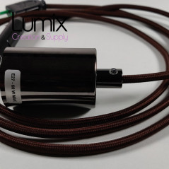Lampe à suspendre type baladeuse porte-douille métal lisse Perle noire de Tahiti - Câble textile marron.