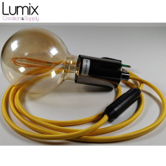 Lampe à suspendre type baladeuse porte-douille métal lisse Perle noire de Tahiti - Câble textile jaune.