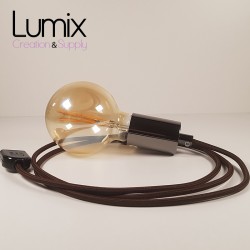 Hanging lamp type smooth metal socket holder Tahitian black pearl - Brown textile cable.