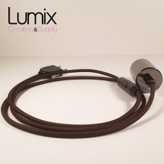 Lampe à suspendre type baladeuse porte-douille métal lisse Perle noire de Tahiti - Câble textile marron.