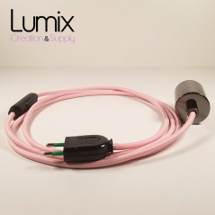 Lampe à suspendre type baladeuse porte-douille métal lisse Perle noire - Câble textile rose