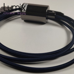 Lampe à suspendre type baladeuse porte-douille métal lisse Perle noire de Tahiti - Câble textile Bleu foncé effet soie