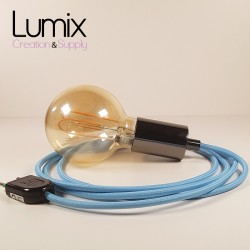 Hanging lamp type smooth metal socket holder Tahitian black pearl - Azure blue textile cable silk effect