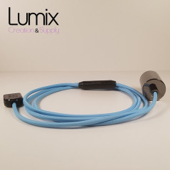 Lampe à suspendre type baladeuse porte-douille métal lisse Perle noire de Tahiti - Câble textile Bleu Azur effet soie