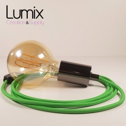 Hanging lamp type smooth metal socket holder Tahitian black pearl - Lime green silk effect textile cable