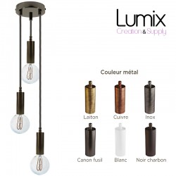Suspension multiple 3 lampes - Douilles métal longue E27 - 6 Couleurs au choix