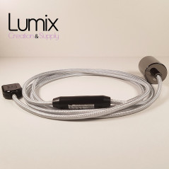 Lampe à suspendre type baladeuse porte-douille métal lisse Perle noire de Tahiti - Câble textile Argent effet soie