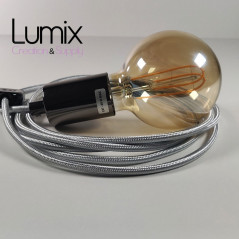 Lampe à suspendre type baladeuse porte-douille métal lisse Perle noire de Tahiti - Câble textile Argent effet soie