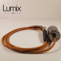 Lampe à suspendre type baladeuse porte-douille métal lisse Perle noire de Tahiti - Câble textile Whiskey effet soie