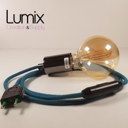 Hanging lamp type smooth metal socket holder Tahitian black pearl - Blue cotton lagoon textile cable