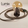 Lampe à suspendre type baladeuse porte-douille métal lisse Perle noire de Tahiti - Câble textile Gris effet soie