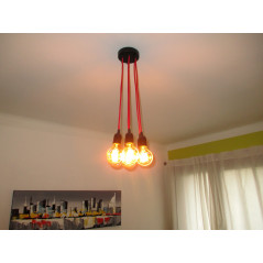 Suspension grappe 7 douilles noir avec câble textile rouge - autre couleur au choix