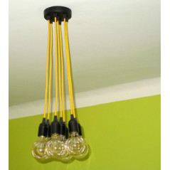 Suspension grappe 7 douilles bakélite E27 avec câble textile jaune