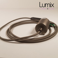 Lampe à suspendre type baladeuse porte-douille métal lisse Inox satinée - Câble textile Gris effet soie