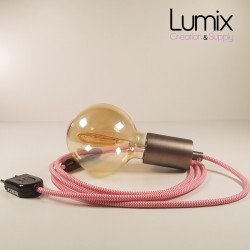 Lampe à suspendre type baladeuse porte-douille métal lisse Inox satiné - Câble textile zig-zag Fuchsia effet soie