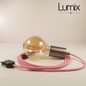 Lampe à suspendre type baladeuse porte-douille métal lisse Inox satiné - Câble textile zig-zag Fuchsia effet soie