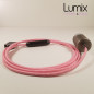 Lampe à suspendre type baladeuse porte-douille métal lisse Inox satiné - Câble textile zig-zag Fuchsia effet soie Lampe à suspendre type baladeuse porte-douille métal lisse Inox satiné - Câble textile zig-zag Fuchsia effet soie