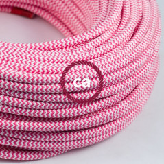 Lampe à suspendre type baladeuse porte-douille métal lisse Inox satiné - Câble textile zig-zag Fuchsia effet soie