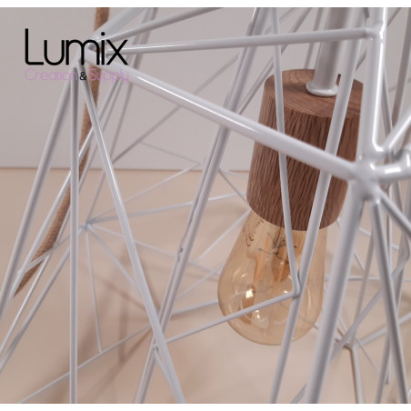 Commande privée : 1 suspension cage métal blanc XL Apollo - porte-douille et rosace plafond bois chêne blanc