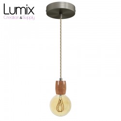 Pendant light prestige porte-douille bombée bois chêne blanc et rosace métal inox satinée