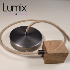 Suspension prestige porte-douille carré bois chêne blanc et rosace métal inox satiné