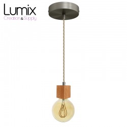Pendant light prestige porte-douille bombée bois chêne blanc et rosace métal inox satinée