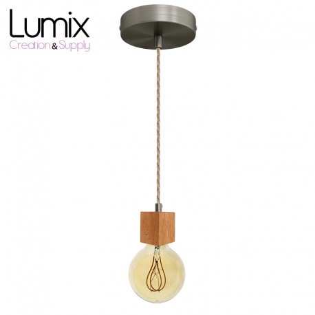 Pendant light prestige porte-douille bombée bois chêne blanc et rosace métal inox satinée