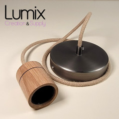 Suspension prestige porte-douille cylindrique bois chêne blanc et rosace métal inox satiné