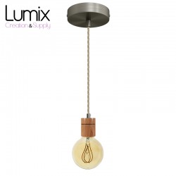Pendant light prestige porte-douille bombée bois chêne blanc et rosace métal inox satinée