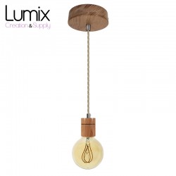 Pendant light prestige porte-douille bombée bois chêne blanc et rosace métal inox satinée