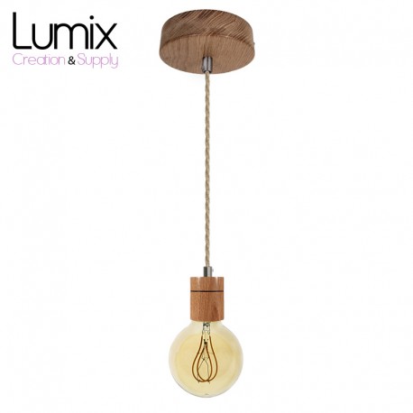 Pendant light prestige porte-douille bombée bois chêne blanc et rosace métal inox satinée