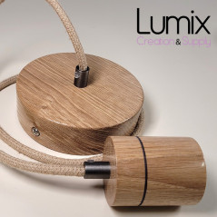 Suspension prestige porte-douille cylindrique et rosace bois chêne blanc - finitions métal au choix
