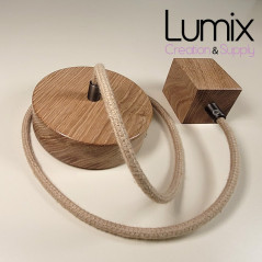 Suspension prestige porte-douille carrée et rosace bois chêne blanc - finitions métal au choix