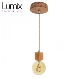 Pendant light prestige porte-douille bombée bois chêne blanc et rosace métal inox satinée